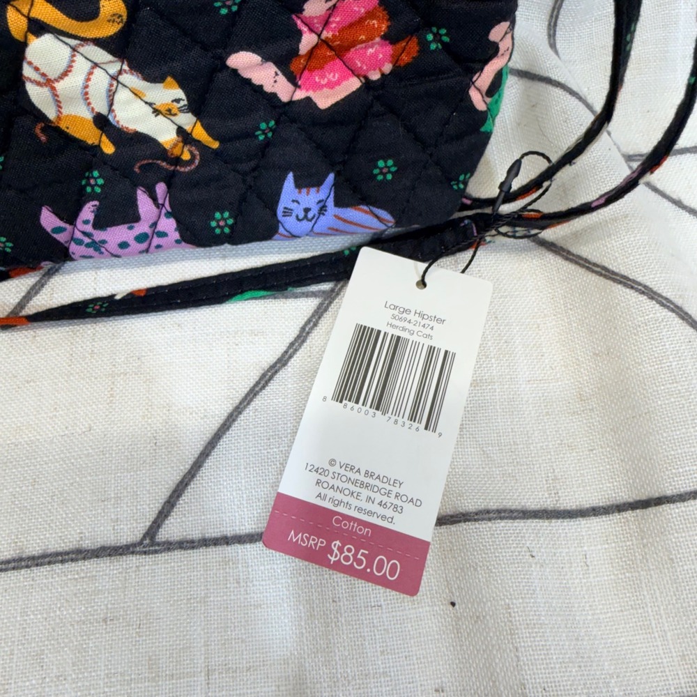 Vera Bradley Large Hipster One Size Black Herding Cats Quilted Crossbody Bag - Picture 3 of 12